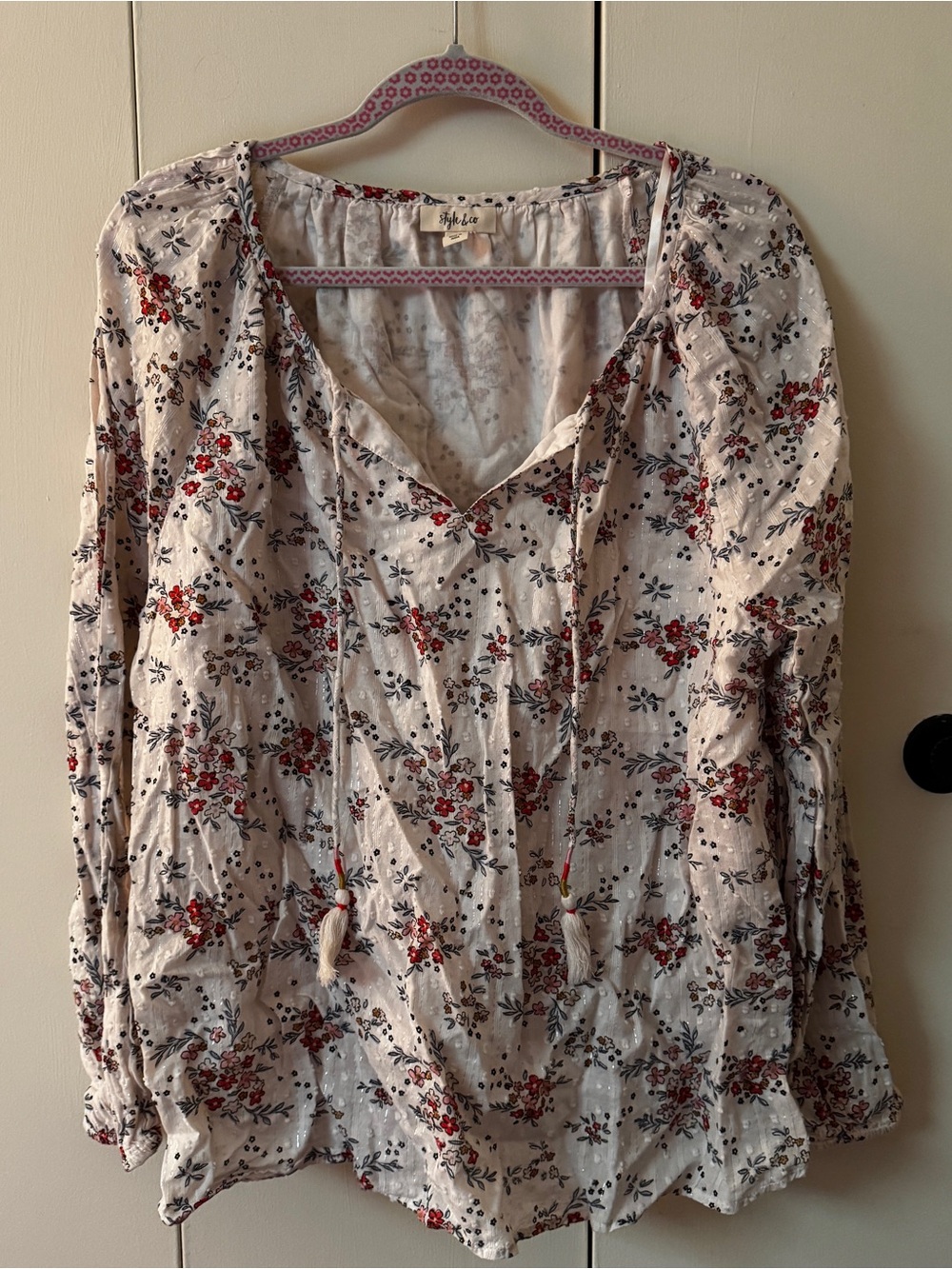 Style & Co. Cream Floral V-Neck Peasant Blouse with Red Accents